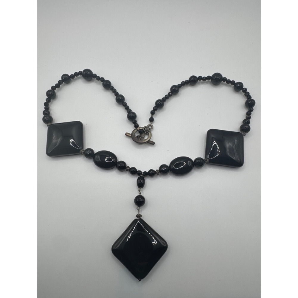 VTG Black Geometric Statement Necklace Square Beaded Toggle Clasp Silver Tone - Picture 1 of 6